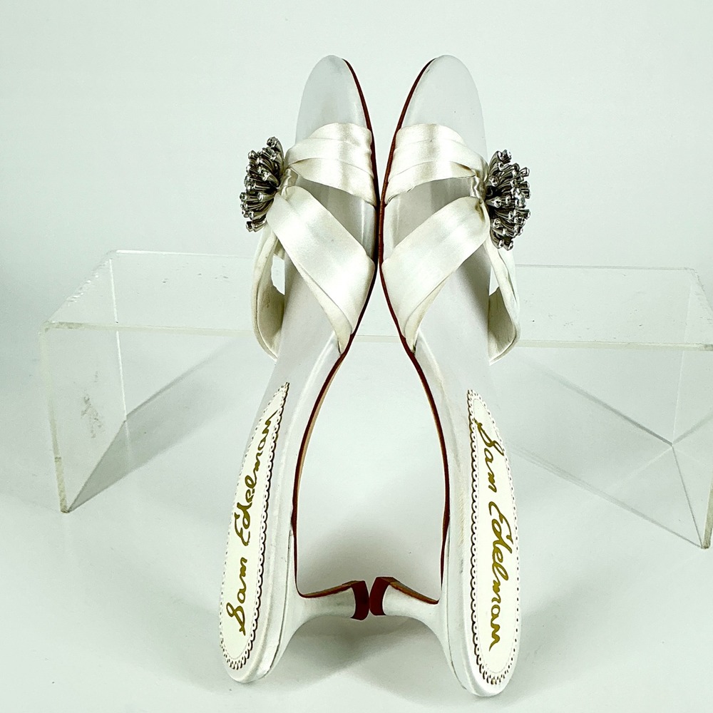 Sam Edelman Size 7.5 White Satin Rhinestone Kitten Heel Slide Mules Cindie - Picture 10 of 13